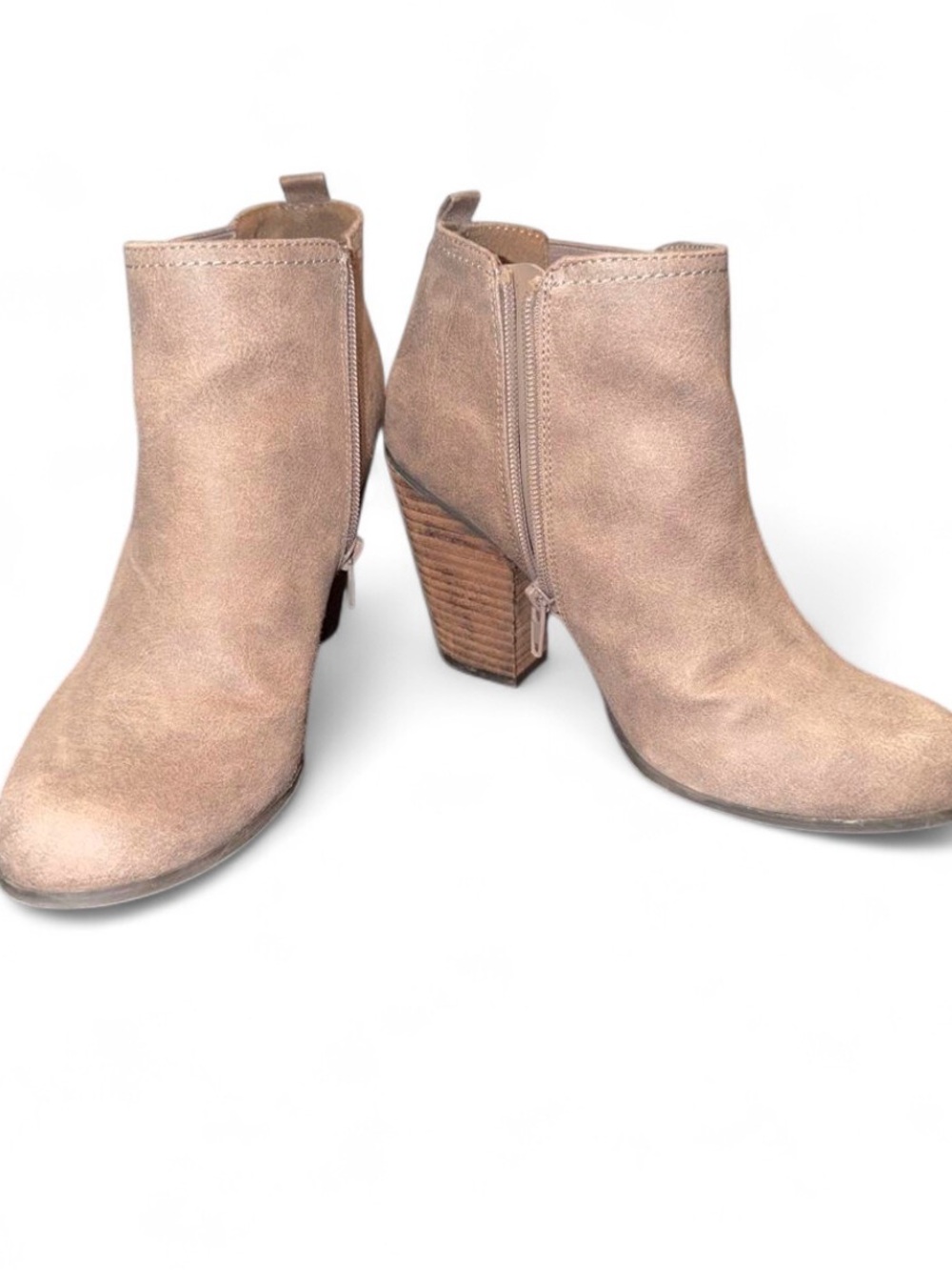 Womens Taupe Suede-Look Ankle Booties with Block Heel